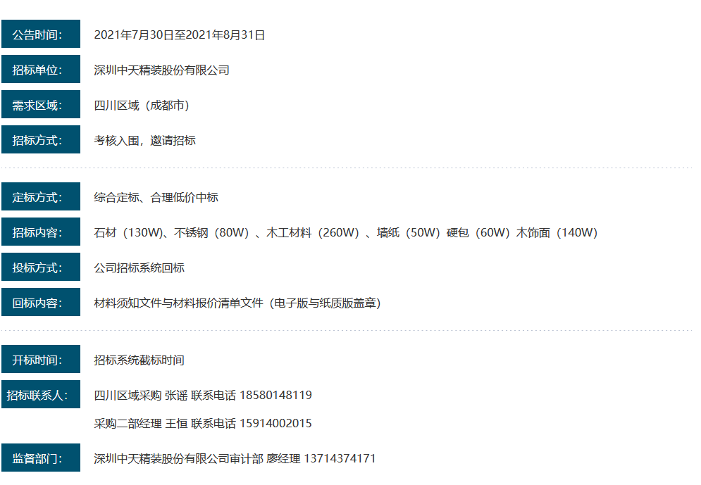 深圳尊龙凯时人生就是搏z6com精装四川区域材料招标需求公告(图1)